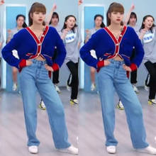 kpop Korean Celebrity spring new blue V-neck knit cardigan sweater coat+loose casual Straight jeans pants women Two-piece set 2024 - buy cheap