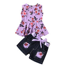 2021 0-4Y Fashion Toddler Girl Clothing Floral Sleeveless Shirt Top Dress+Patchwork Elastic Denim Short Pants Summer 2pcs Set 2024 - buy cheap