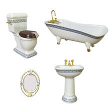Muebles de casa de muñecas 1:12, Kit de inodoro en miniatura de cerámica, Toliet, bañera, lavabo, espejo, 4 Uds. 2024 - compra barato