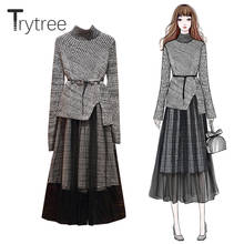 Trytree Autumn Winter Two piece set Casual Turtleneck Belt Irregularity Split hem Tops+ Skirt Mid-Calf Plaid Fashion A-line Set 2024 - buy cheap