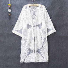 Vestido de praia de renda vazado, roupa de banho de crochê para mulheres, camisa branca de túnica, roupa de praia 2024 - compre barato
