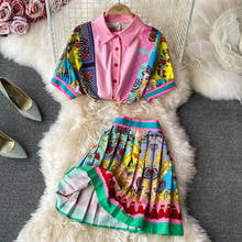 Fashion Runway Summer Women Flower 2 Piece Set New Hit Color Pink Floral Print Short Sleeve Shirt+High Waist Pleated Skirts Suit 2024 - buy cheap