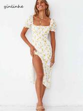 yinlinhe Yellow French Niche Style Print Long Dress Women Spilt Summer Dress Short Sleeve Tea Dresses Holiday Wear 2021    1996 2024 - buy cheap