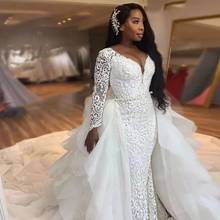 Luxo africano manga longa sereia vestidos de casamento v pescoço frisado rendas destacável trem vestido de noiva robe de mariee 2024 - compre barato