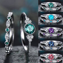 Conjuntos de anéis duplos para mulheres, 5 cores, redondo, verde, azul, pedra de zircônia, noivado, pedra de aniversário feminino, anel de jóias boho, 2024 - compre barato