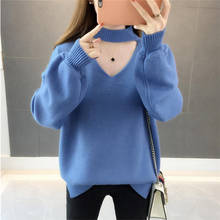 Suéter feminino outono inverno gola alta, camisa solta manga longa com lanterna e gola alta, 2019 2024 - compre barato