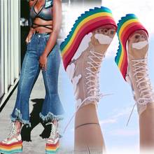 Bota feminina de arco-íris com cadarço, sexy, plataforma grossa, salto alto, transparente 2024 - compre barato
