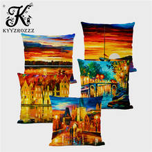 Oil Painting Style Sunset Landscape Cushion Cover Colorful Sailing Lighthouse Throw Pillow Cover Rural Decorative Pillow Case 2024 - buy cheap