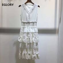 2020 Summer Fashion Sleeveless Dress High Quality Cotton Women V-Neck Ruffle Lace Patchwork Sexy Club Dress Slim Fit & Flare 2024 - buy cheap