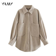 Модная женская мешковатая одежда, новое корейское бежевое пальто, однотонное шикарное шерстяное пальто, зимнее плотное теплое Женское пальто с отложным воротником 2024 - купить недорого