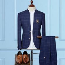 Terno masculino xadrez feito sob medida, 3 peças, blazer, terno, feito sob medida, azul marinho, casamento, formatura 2024 - compre barato
