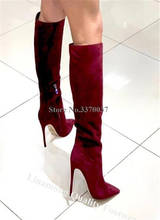 Linamong Для женщин модные острый носок из замши, кожи на шпильке сапоги до колена тонкий Стиль длинные, с высоким каблуком; торжественное платье для обуви 2024 - купить недорого