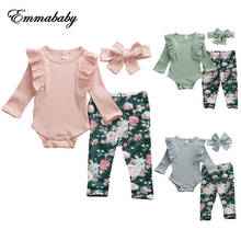 NEW 20220 Newborn Baby Girl Clothes Solid Color Knitted Cotton Romper Tops Flower Print Long Pants Headband 3Pcs Outfits Clothes 2024 - buy cheap