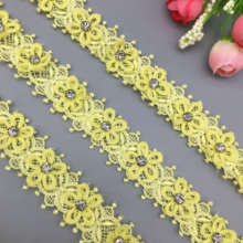 2 yard Polyester Yellow Rhinestones Flower Embroidered Lace Trim Ribbon Fabric Sewing Craft For Costume Wedding Dress Decoration 2024 - buy cheap