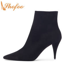 Black Flock Pointed Toe High Cone Heels Woman Booties Zipper Ankle Boots Large Size 10 14 Ladies Fashion Mature Shoes Shofoo 2024 - buy cheap