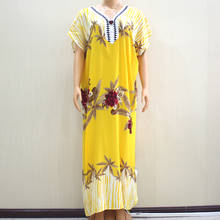 2019 Fashion Design New Arrival Flower Print Yellow 100% Cotton Appliques Short Sleeve Long Dress African Dashiki Dress For Lady 2024 - buy cheap