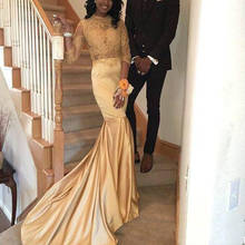 2020 Modern African Gold Cheap Prom Bridesmaid Dresses See Through Top Sheer Neck Lace Sleeves Evening Dress Real Photo Cheap 2024 - buy cheap