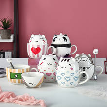 Taza de cerámica creativa para niñas, taza de café con dibujos de animales, gato, con tapa y cuchara, tazas de desayuno con personalidad, regalos 2024 - compra barato