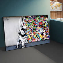 Arte de rua bansky grafite atrás da tela de cortina pinturas quadros parede arte imagens para decoração de casa 2024 - compre barato