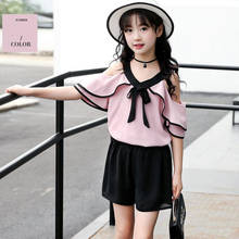 Clothing suit fashion sweet girls ruffled short-sleeved Strapless sweatshirt T-shirt + five-point pants Quality children clothes 2024 - buy cheap