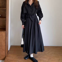 Женский Длинный Тренч-рубашка, черная ветровка трапециевидной формы с поясом и длинным рукавом, верхняя одежда, весна 2021 2024 - купить недорого