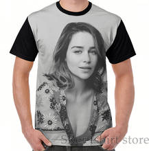 Camiseta com estampa gráfica engraçada, camiseta masculina e feminina tops emilia clarke camiseta masculina com gola em o, manga curta, casual 2024 - compre barato