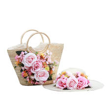 Bolso de playa para mujer, bolsa de paja con flores, de gran capacidad de ratán, informal, con sombrero, para vacaciones, 2 unids/set por Set 2024 - compra barato