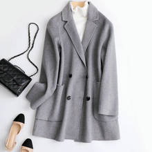 Женское двубортное пальто средней длины, серое и черное шерстяное пальто с отложным воротником из 2019-ной шерсти, уличная одежда, 100% 2024 - купить недорого