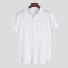 Camisa masculina casual de linho com gola alta, camisa de manga curta de linho respirável para homens, verão, tamanho grande, 9 + cores 2024 - compre barato