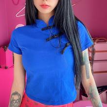 Chinese Style Vintage T Shirts Women Sexy Skinny Crop Top Short Sleeve Button Collar Pullover Tops Summer Fashion Tee Streetwear 2024 - buy cheap