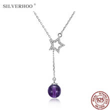 SILVERHOO Genuine Sterling Silver 925 Jewelry For Women Shining Full CZ Star & Purple Ball Double Chains Pendant Necklaces 2024 - buy cheap