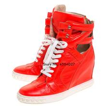 Botas femininas da moda, sapatos casuais vermelhos de salto com cunha, para primavera, bico arredondado, com cadarço, altura do tornozelo 2024 - compre barato