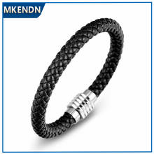 Mkendn pulseira de couro legítimo para festa, bracelete preto de trança, joia de aço inoxidável do orgulho lgbtq + duplo 2024 - compre barato