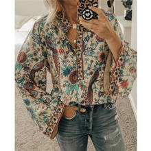 Women Peacock Print Boho Blouse Spring Autumn Female V-Neck Button Blusa Tops Elegant Vintage Long Sleeve Blouse Shirt 2024 - buy cheap