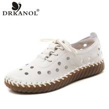 DRKANOL 2022 Summer Shoes Women Loafers Breathable Hollow Hole Genuine Cow Leather Flat Shoes Handmade Sewing Driving Loafers 2024 - buy cheap