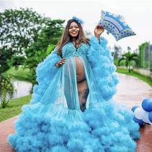 Sky Blue Maternity Dresses Ruffles Train Puffy Sleevs Appliques Puffy Tulle Maternity Robes For Photography   Tulle Robe 2024 - buy cheap