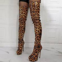 Botas de plataforma alta para mujer, zapatos de tacón alto hasta el muslo, con cremallera lateral y estampado de leopardo de charol brillante, talla grande 44 46 50 52 2024 - compra barato