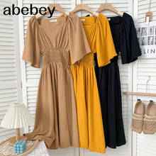 Temperament Versatile square collar flared sleeve Dress high waist pleated elastic waist mid-length Dress 2021 New Summer 2024 - buy cheap