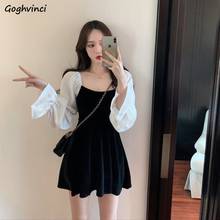 Long Puff Sleeve Dress Women Square-collar Patchwork Mini A-line Retro Elegant Party Club Fashion Ins Chic Womens Vestido New 2024 - buy cheap