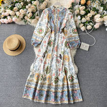 2020 Summer Autumn Vintage O Neck Puff Sleeve Slim Dress A Line Full High Waist Mid-calf Floral Print Women Dress 2024 - buy cheap