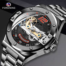 Forsining relógio mecânico automático transparente para homens, ponte dourada, preto, pulseira de aço inoxidável, relógio de esqueleto, masculino 2024 - compre barato