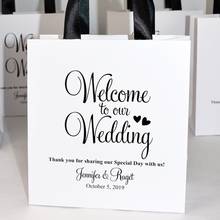 Sacos de boas-vindas personalizados do casamento com fita de cetim e seus nomes, presentes e favores elegantes do casamento de cutom para seus convidados 2024 - compre barato