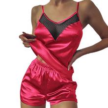 Pijama de satén de encaje para mujer, ropa de dormir Sexy, Tops y pantalones cortos, conjunto de Pijama de seda de Color sólido 2024 - compra barato