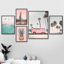 Pintura de diamantes de imitación para decoración de sala de estar, Pintura Artística de pared de playa, mar azul, rosa, autobús, cactus, bordado Nórdico 2024 - compra barato