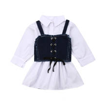 Newborn Baby Girls Kids Long Sleeve White Shirt Dress+Denim Strap Top Sunsuit Clothes 2PCS Set 1-6Y 2024 - buy cheap