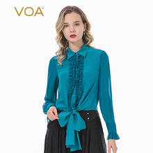 VOA Silk 16m/m Royal Blue Crepe-de-chine Fold-down Collar Silk Frilled Bandage Cloth Bow Trumpet Long-sleeved Shirt B201 2024 - buy cheap