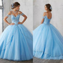 Light Sky Blue Princess Quinceanera Dresses 2021 Ball Gown Spaghetti Straps Off The Shoulder Appliques Sequins Sweet 15 Dress 2024 - buy cheap