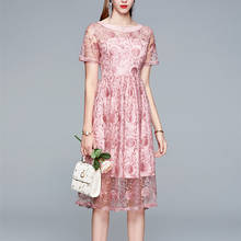2022 Vintage Women High-End Embroidery Pink Mesh Dress Summer Runway Designer Lady Fashion Elegant A-Line Party Dress 2024 - buy cheap