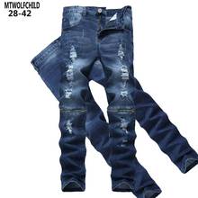 Hot sale 2020 New fashion zipper-design mens Distressed hole denim pants casual straight slim fit Elasticity mens jeans blue 2024 - buy cheap