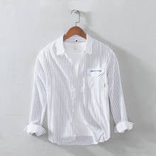 Camisa listrada de algodão para homens, camisa casual simples de manga comprida com listras em algodão puro da moda com listras brancas para homens, 2021 2024 - compre barato